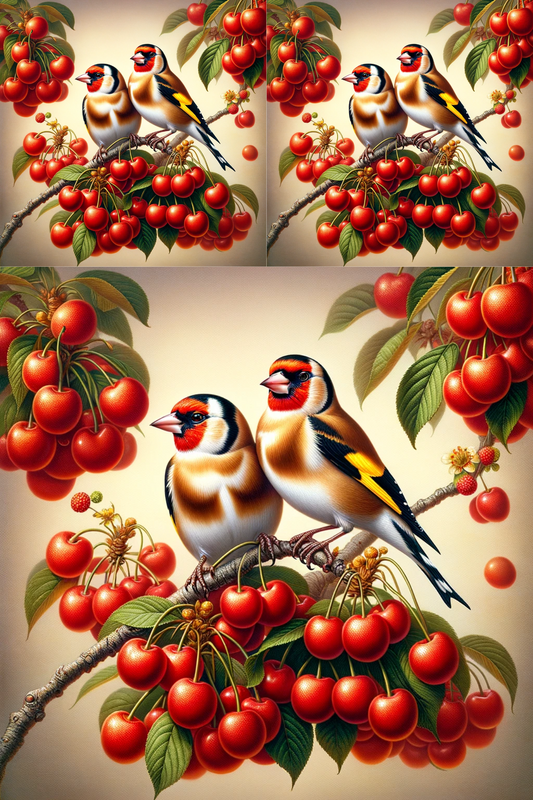 Rice paper for decoupage Goldfinches on cherries with fruit Cat. No. 430