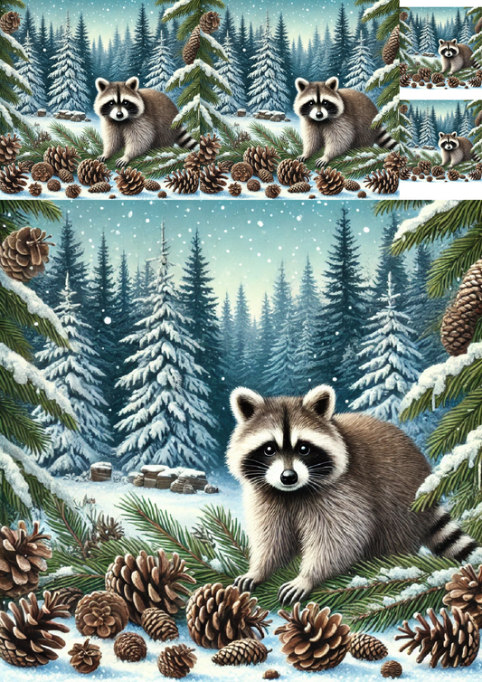 Rice Paper for Decoupage Raccoon in Winter Collage Cat. No. 1477