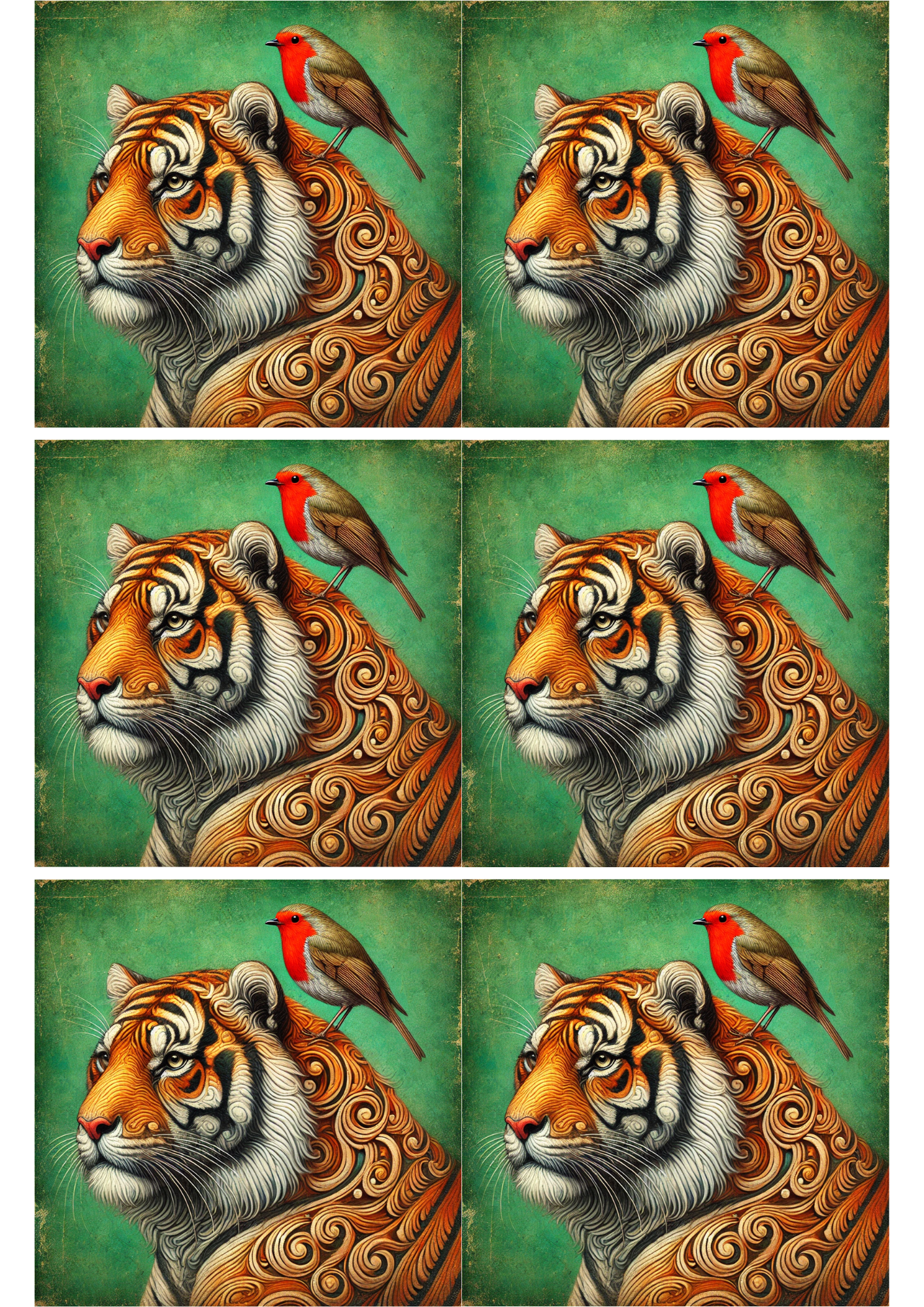 Rice Paper For Decoupage Tiger and Red Robin Collage Cat. No. 2541