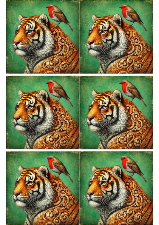 Rice Paper For Decoupage Tiger and Red Robin Collage Cat. No. 2541