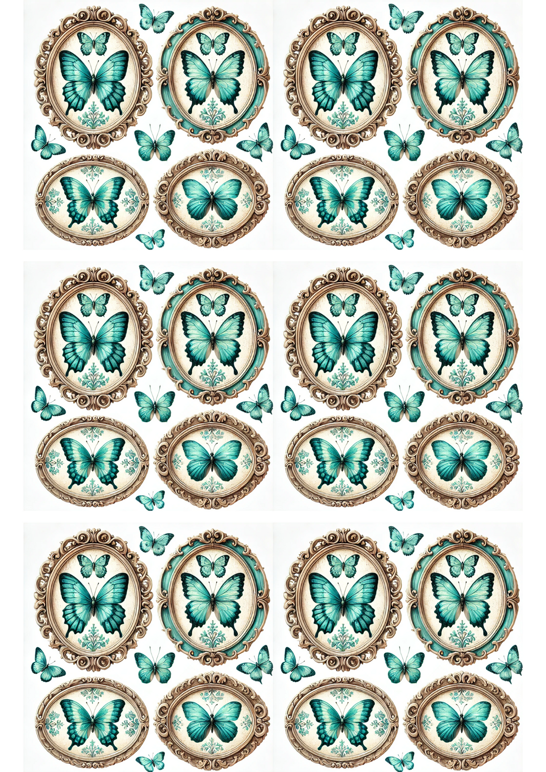 Rice Paper For Decoupage Turquoise Butterflies In Ovals Collage Cat. No. 3169