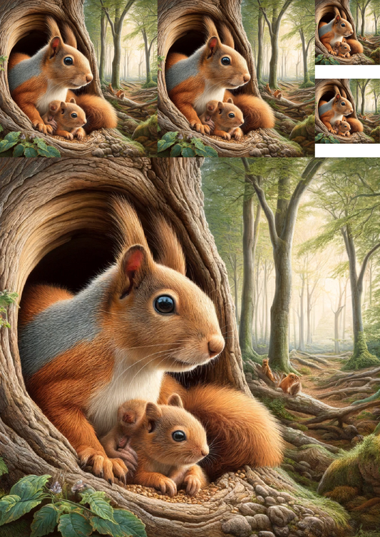 Rice Paper For Decoupage Squirrel Family In The Forest Collage Cat No. 1007