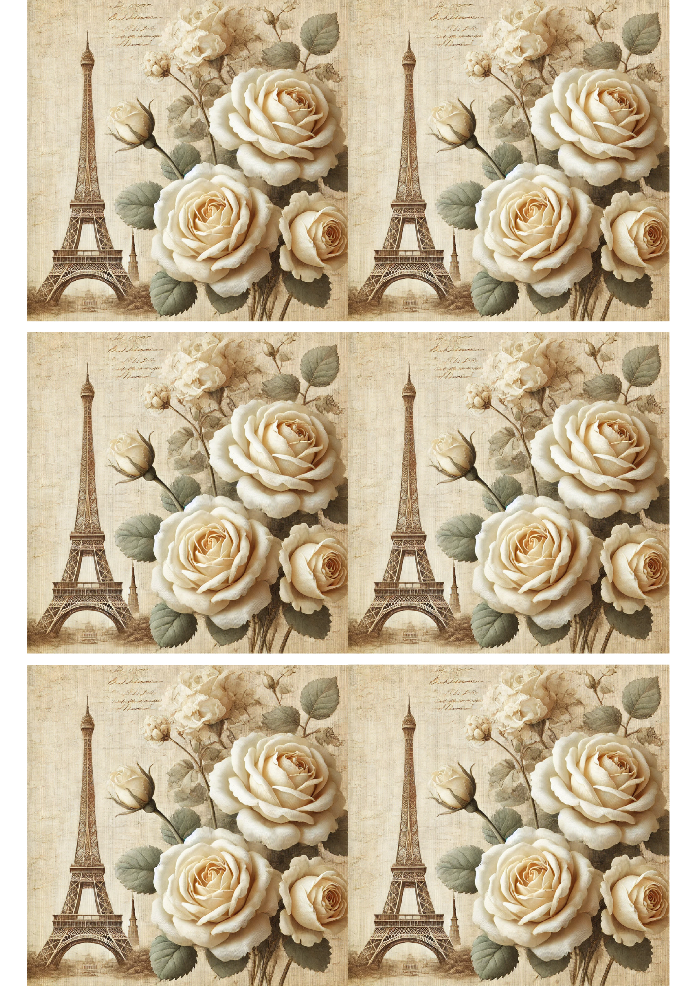 Papel de arroz para decoupage Torre Eiffel y rosas Collage vintage Cat. No. 2653