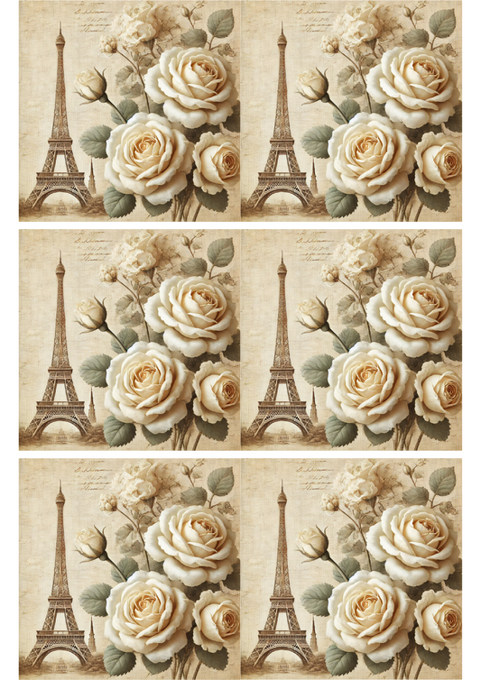 Papel de arroz para decoupage Torre Eiffel y rosas Collage vintage Cat. No. 2653