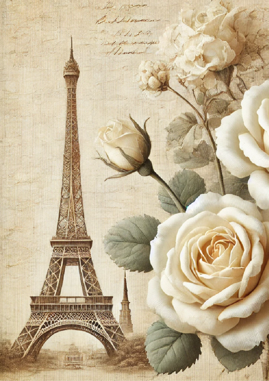 Papier de riz pour découpage Tour Eiffel et roses Vintage Full Cat. N° 2654